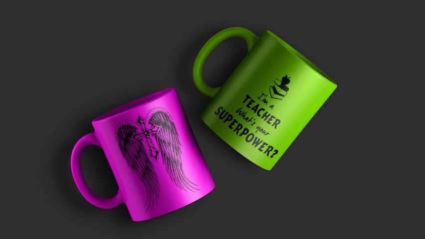 Mockup of two color ceramic coffee mug PSD (Changeable mug color and background color)